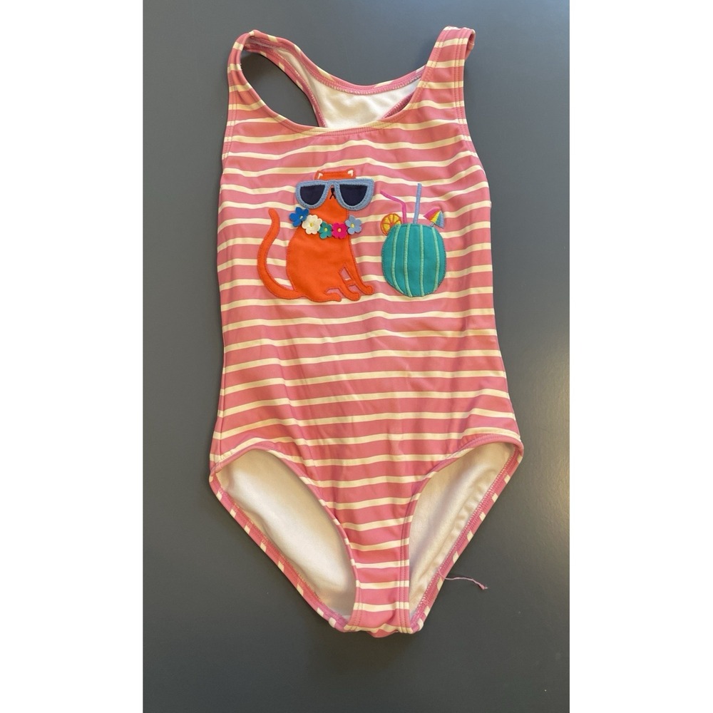 Mini Boden Cat Embroidered One Piece Swimsuit Girls 6-7 Pink Stripe Racerback